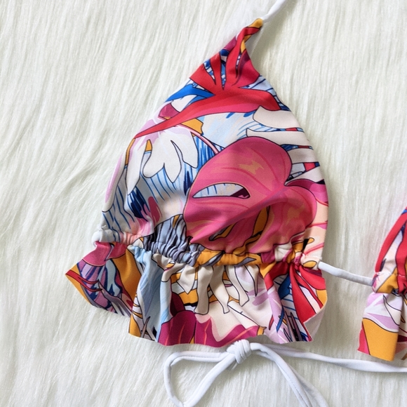 Pink Tropical print triangle ruffle trim bikini top - Picture 6 of 8